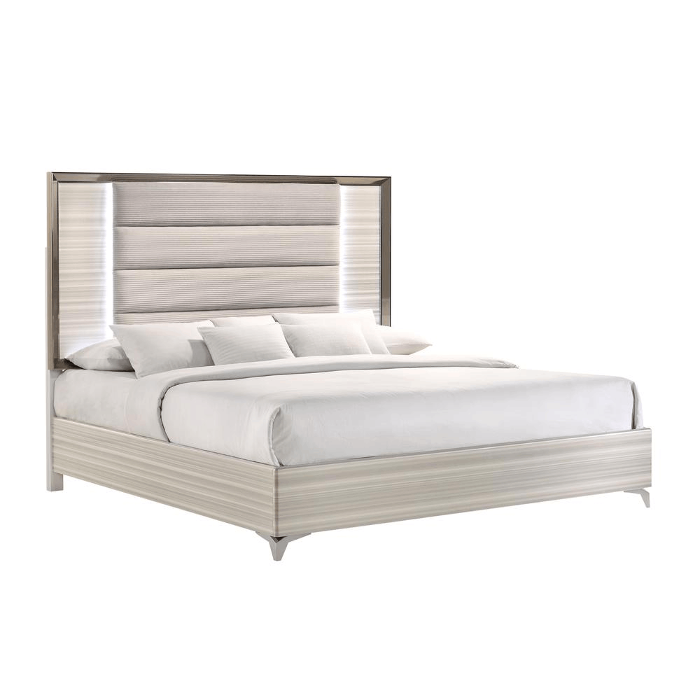 Zambrano White King Bed Group featuring a sleek design, white lacquer finish, and polished chrome accents.