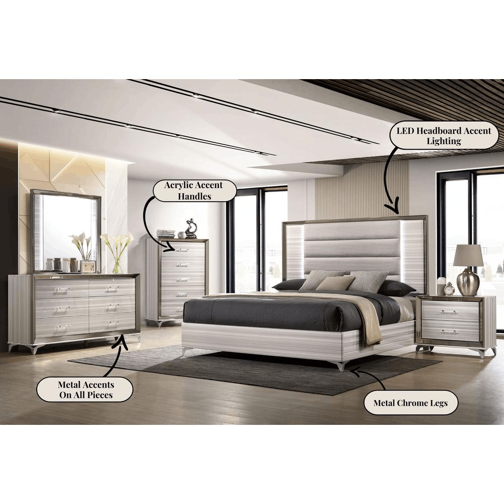 Zambrano White King Bed Group featuring a sleek design, white lacquer finish, and polished chrome accents.