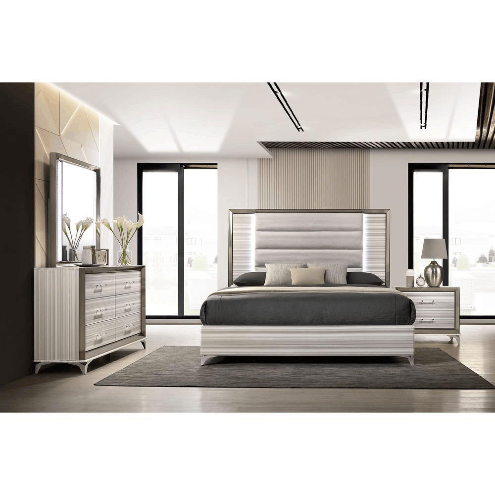 Zambrano White King Bed Group featuring a sleek design, white lacquer finish, and polished chrome accents.