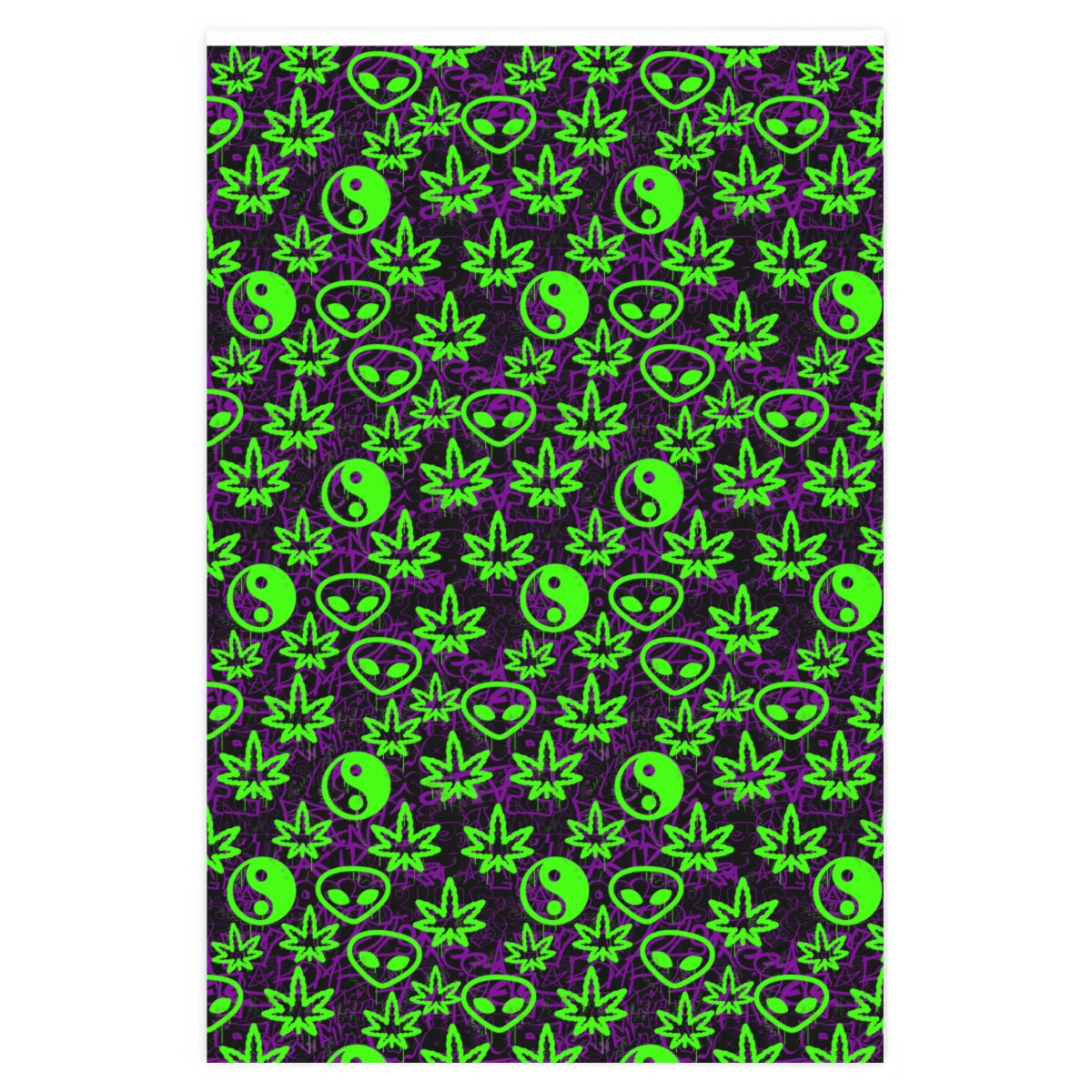 Awesome Graffiti wrapping paper featuring a vibrant weed leaf, alien, and Yin Yang design on premium gloss paper.