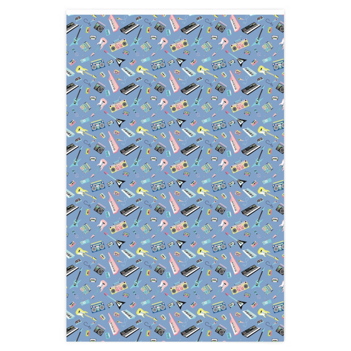 Electric Guitar Wrapping Paper featuring vibrant guitar designs on premium gloss paper, rolled up for easy storage.