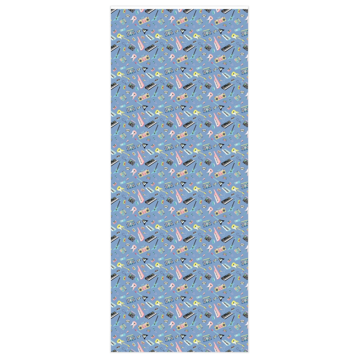 Electric Guitar Wrapping Paper featuring vibrant guitar designs on premium gloss paper, rolled up for easy storage.