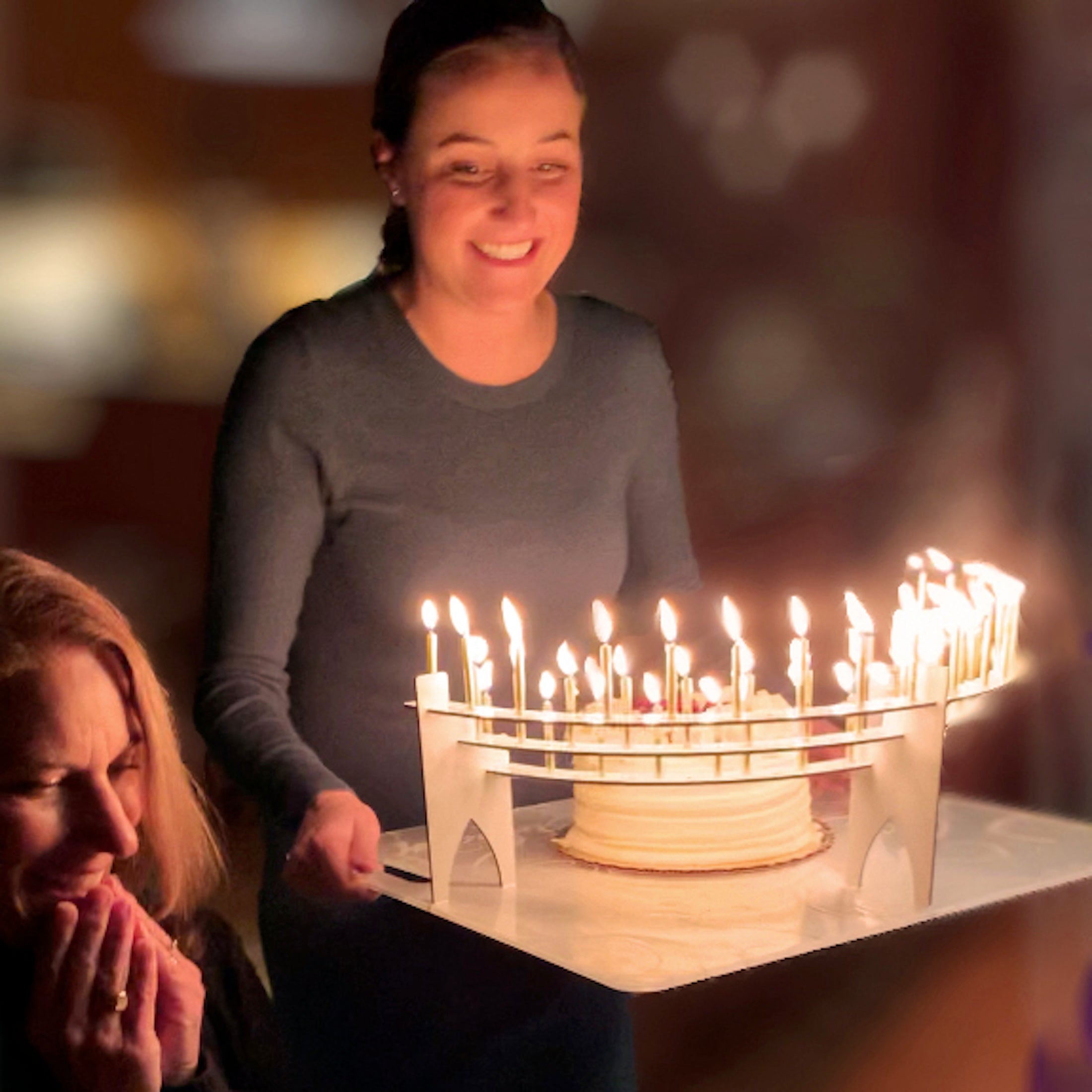 Grand Entrance Tray for The Candelabra, large size, clear and silver options, featuring 'Happy Birthday' design and sturdy handles.