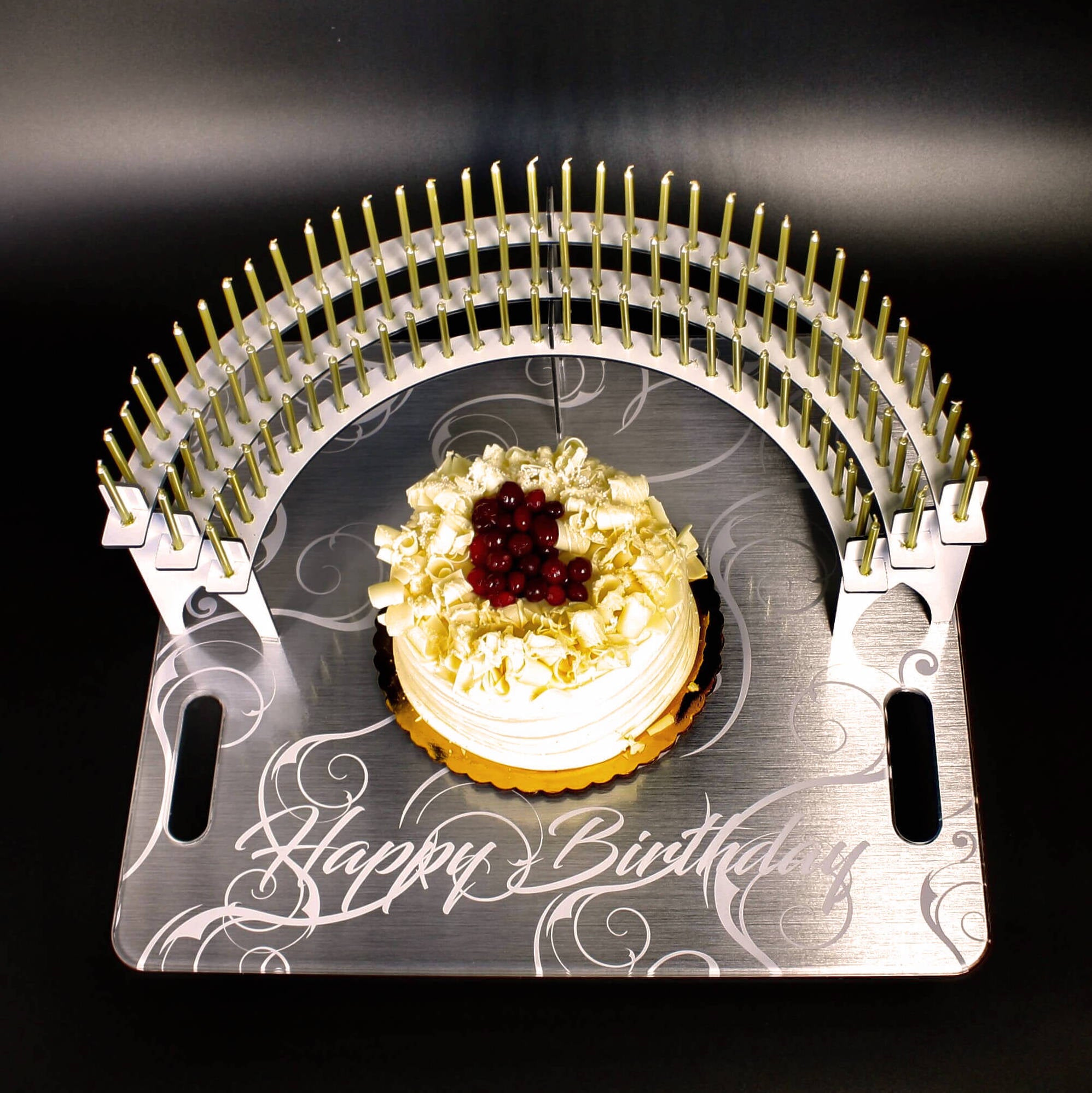 Grand Entrance Tray for The Candelabra, large size, clear and silver options, featuring 'Happy Birthday' design and sturdy handles.