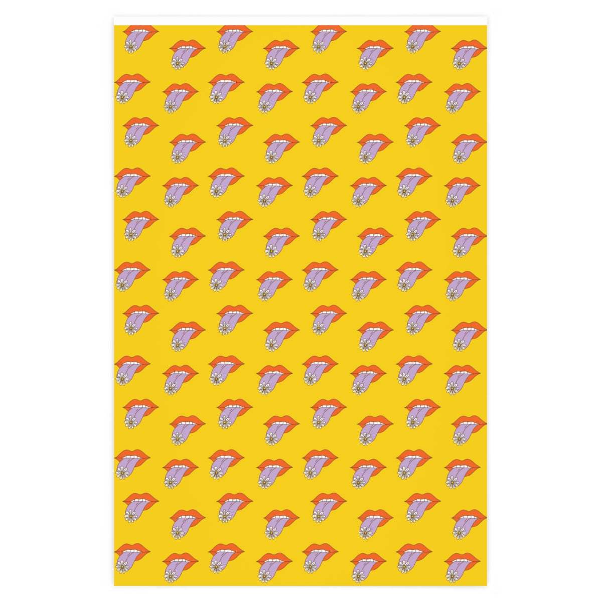 Groovy Lips Wrapping Paper featuring a colorful lips pattern on premium gloss paper, rolled up and ready for gift wrapping.