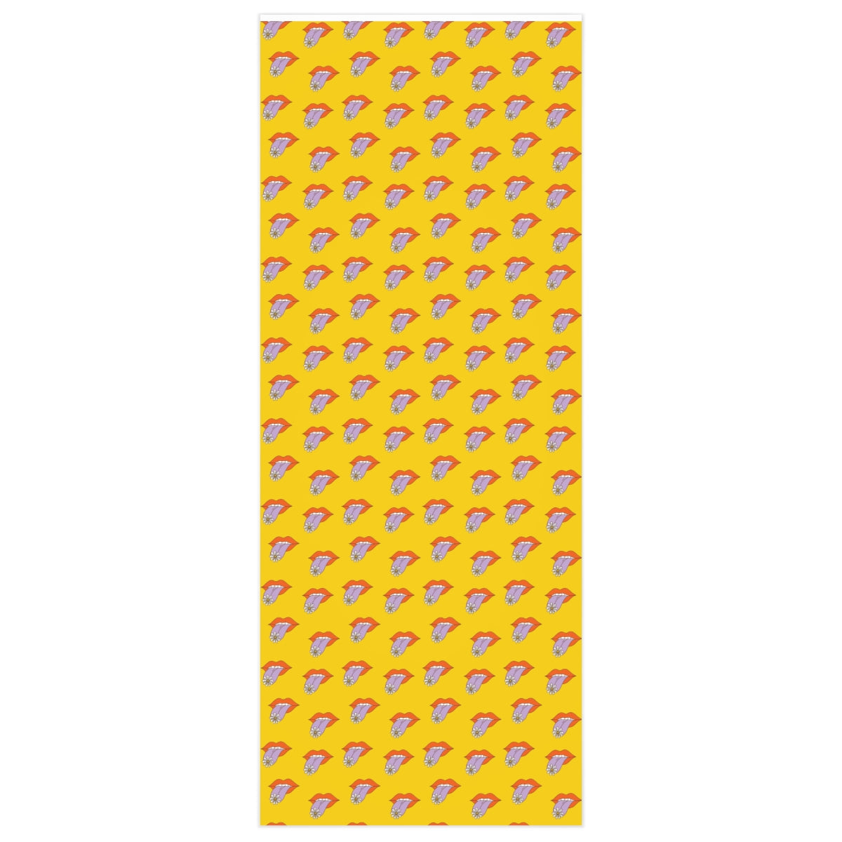 Groovy Lips Wrapping Paper featuring a colorful lips pattern on premium gloss paper, rolled up and ready for gift wrapping.