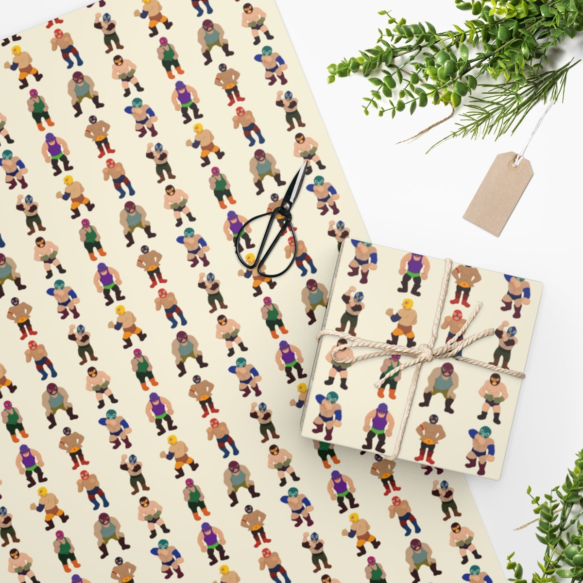 Colorful Luchador Wrapping Paper featuring vibrant wrestling designs on premium gloss paper.