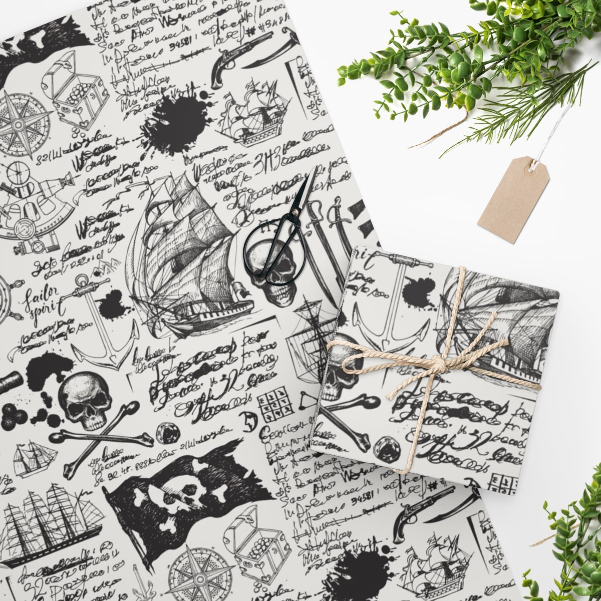 Colorful pirate-themed wrapping paper featuring vibrant designs, perfect for gifts and party decorations.