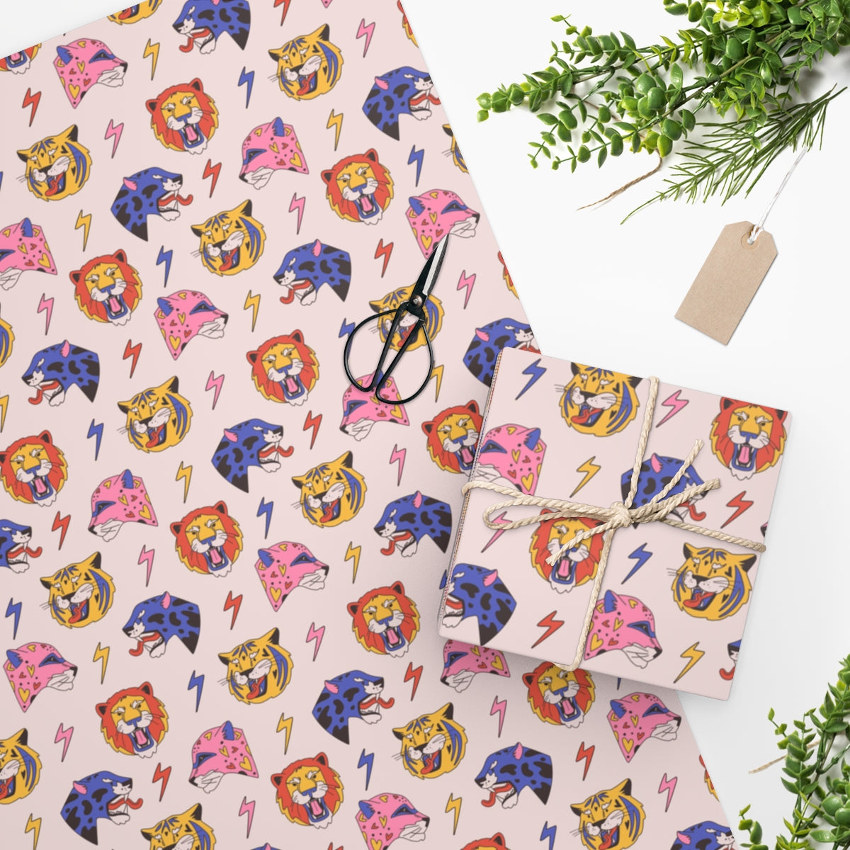 Pretty Roaring Animals Wrapping Paper featuring colorful animal heads and floral designs on premium gloss paper.