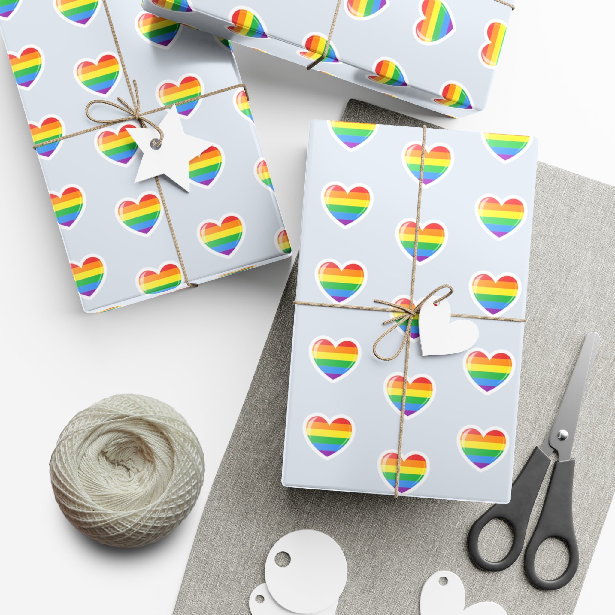 Colorful Pride Heart Wrapping Paper featuring vibrant heart patterns, available in matte and satin finishes.