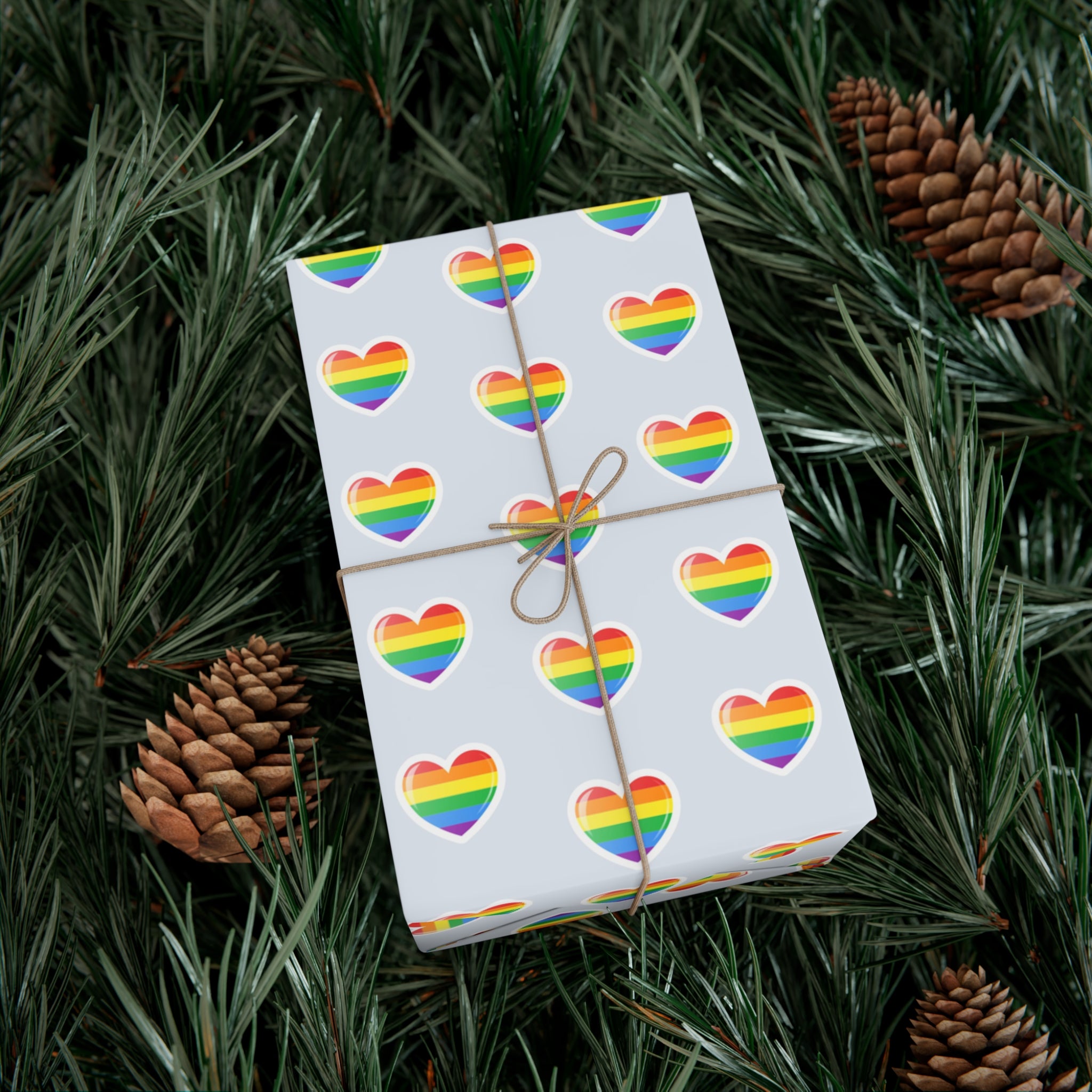 Colorful Pride Heart Wrapping Paper featuring vibrant heart patterns, available in matte and satin finishes.