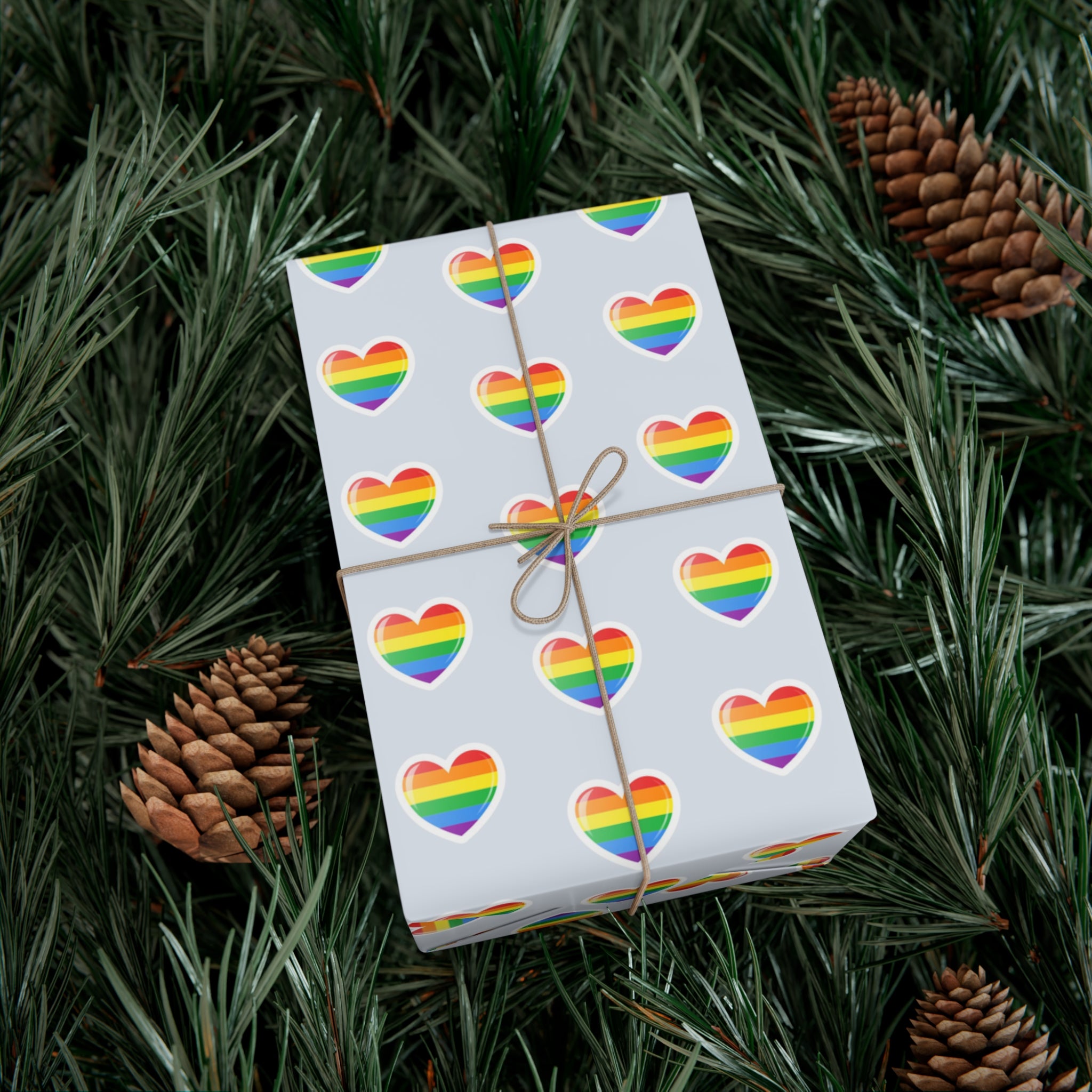 Colorful Pride Heart Wrapping Paper featuring vibrant heart patterns, available in matte and satin finishes.