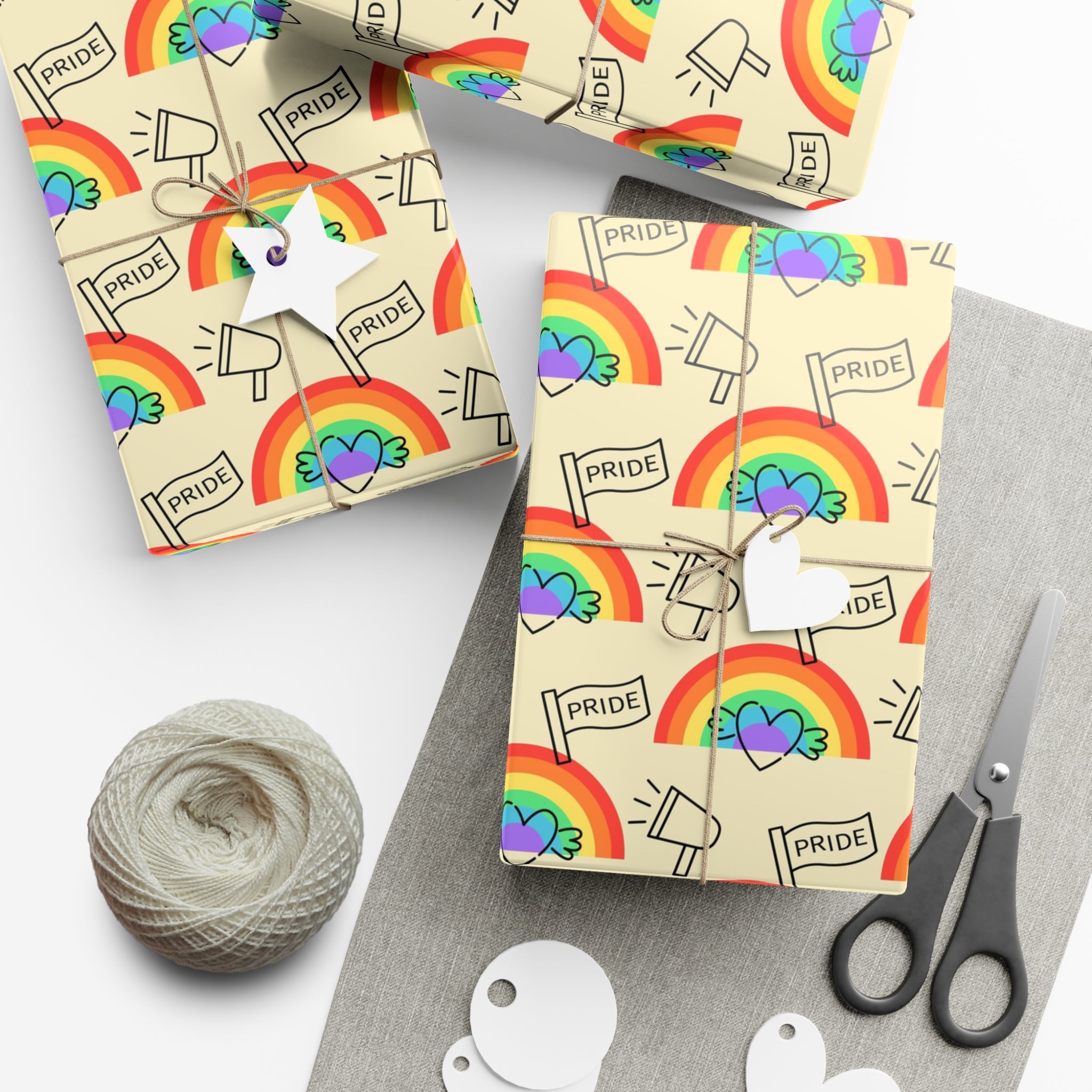 Vibrant Pride Wrapping Paper in matte and satin finishes, showcasing colorful designs celebrating love and diversity.