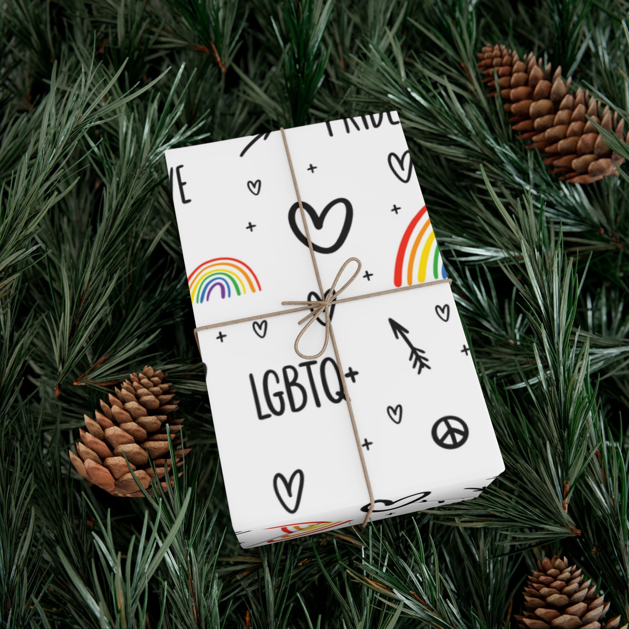 Vibrant Pride Wrapping Paper featuring rainbow and heart designs in satin and matte finishes.