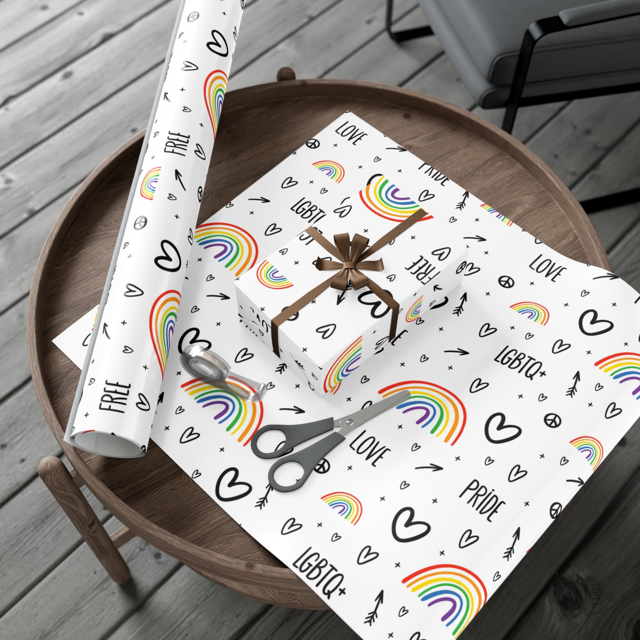 Vibrant Pride Wrapping Paper featuring rainbow and heart designs in satin and matte finishes.