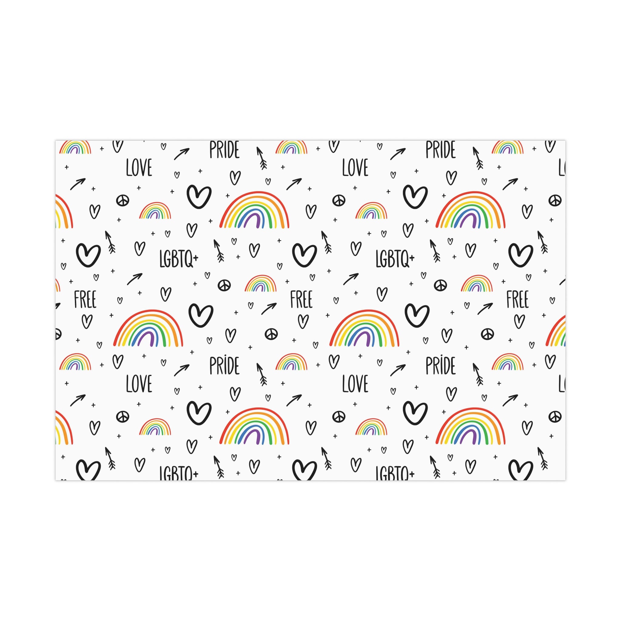 Vibrant Pride Wrapping Paper featuring rainbow and heart designs in satin and matte finishes.