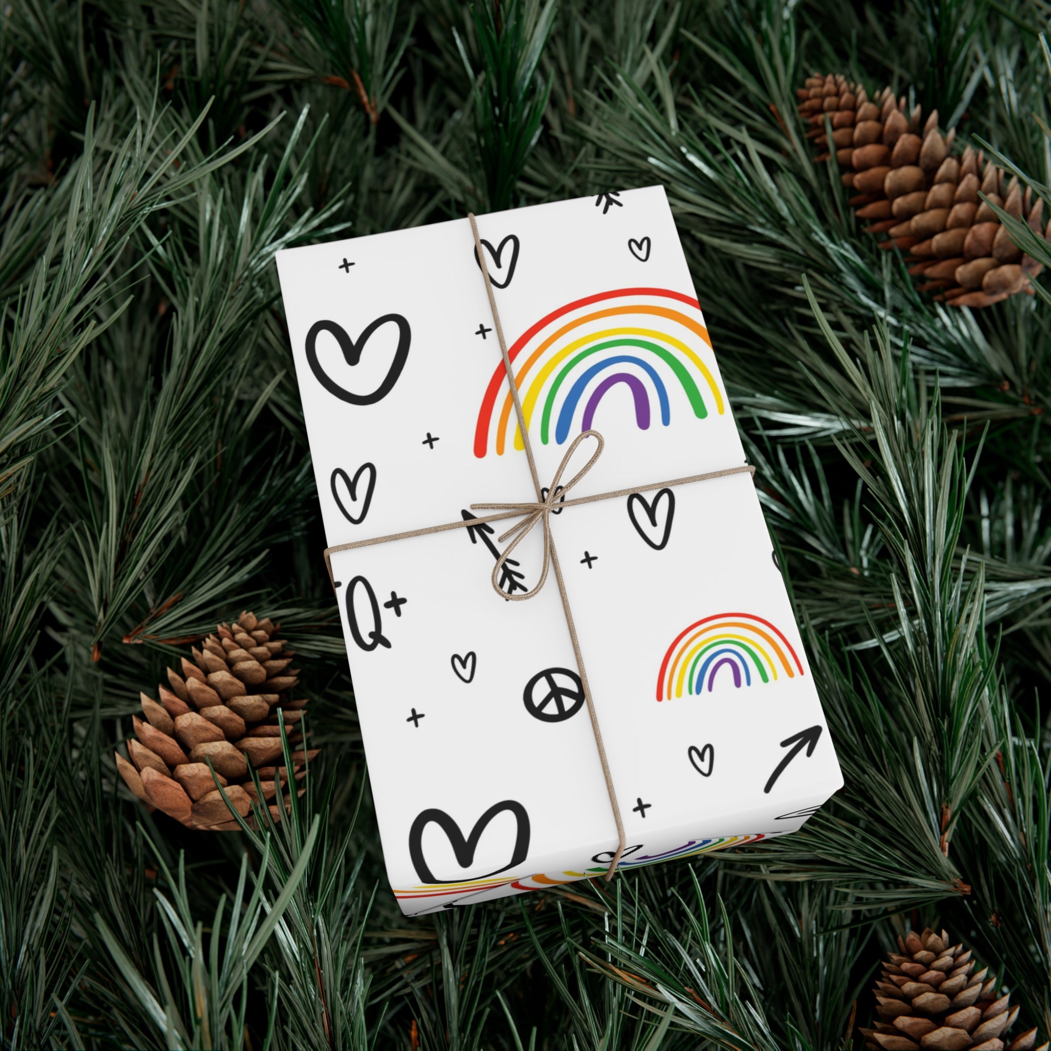 Vibrant Pride Wrapping Paper featuring rainbow and heart designs in satin and matte finishes.