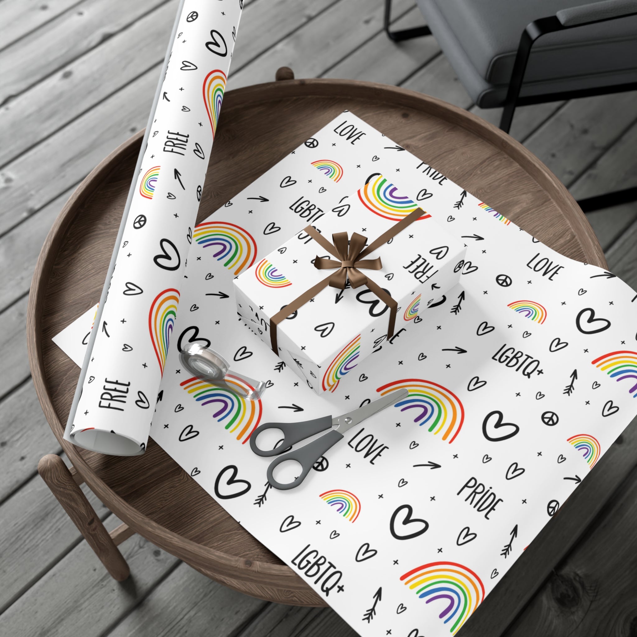 Vibrant Pride Wrapping Paper featuring rainbow and heart designs in satin and matte finishes.