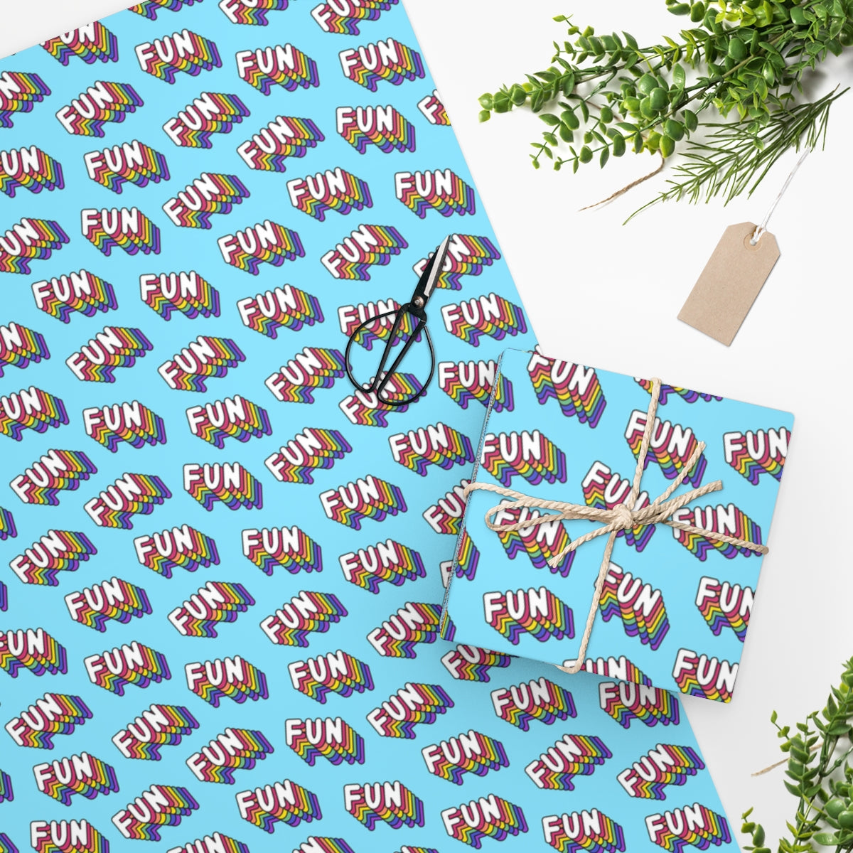 Colorful Rainbow Fun Text Wrapping Paper featuring vibrant patterns, perfect for gift wrapping and creative projects.