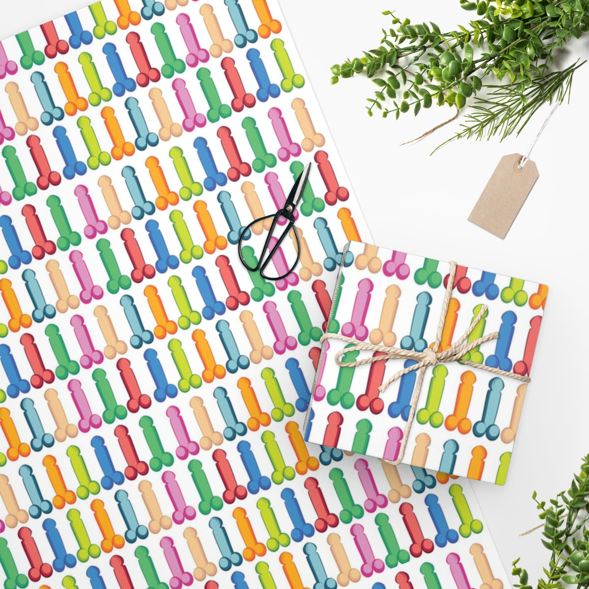 Colorful phallic patterned wrapping paper