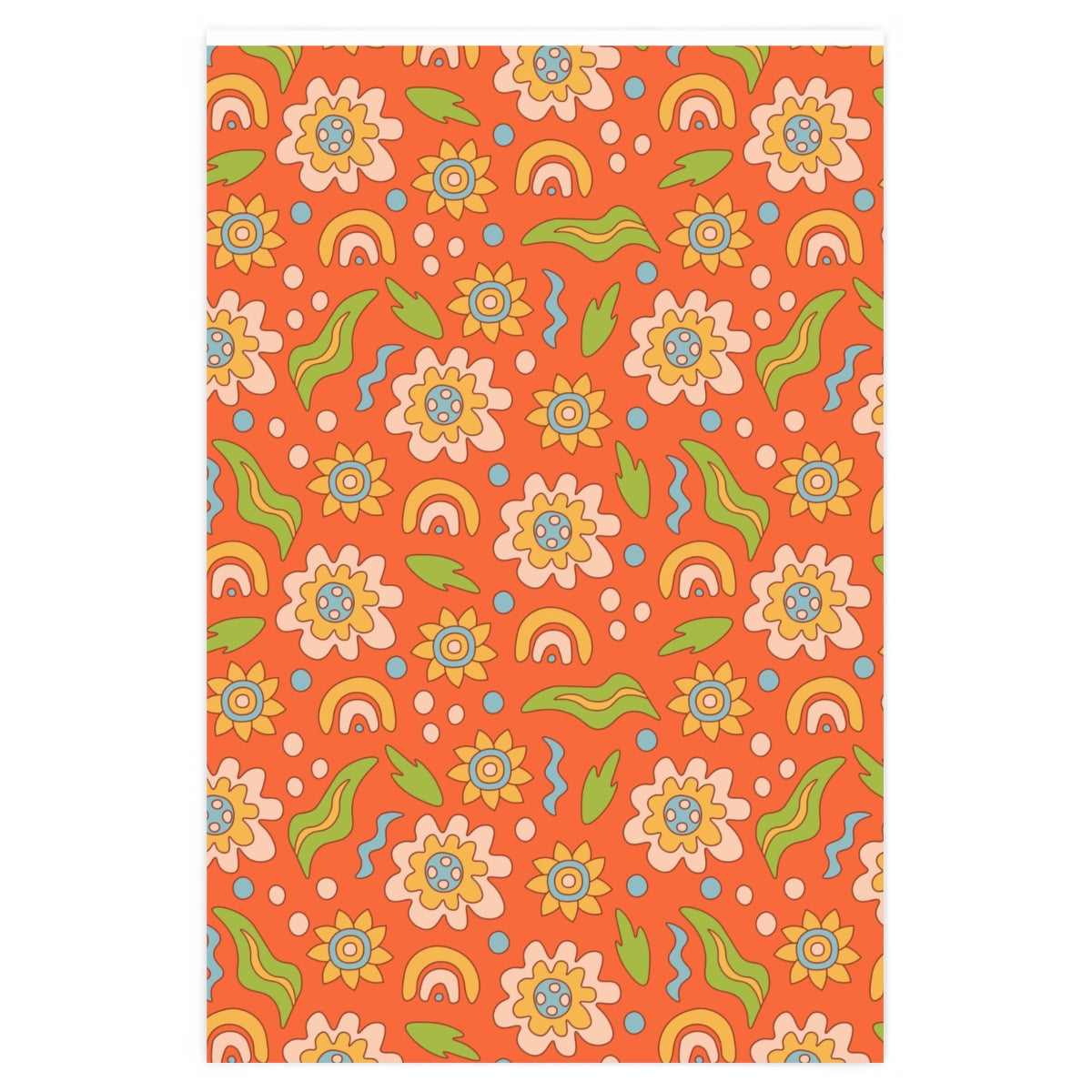 Colorful Retro Flower Wrapping Paper featuring vibrant rainbows and floral patterns, rolled up for easy storage.