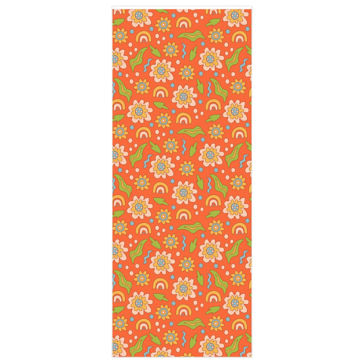 Colorful Retro Flower Wrapping Paper featuring vibrant rainbows and floral patterns, rolled up for easy storage.