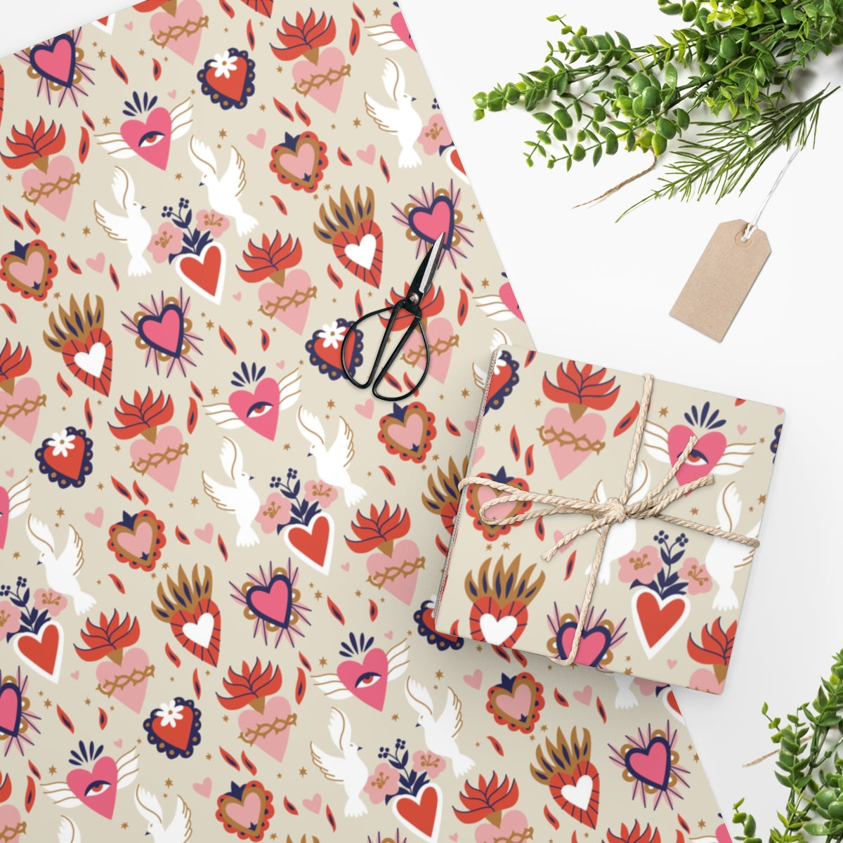 Elegant Sacred Heart Wrapping Paper featuring vibrant edge-to-edge printing on premium gloss paper, rolled up for easy use.