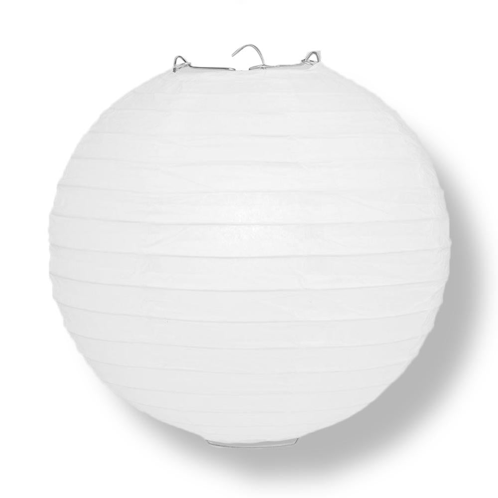 A 20-inch white round paper lantern with even ribbing, ideal for weddings and celebrations, hanging elegantly in a festive setting.