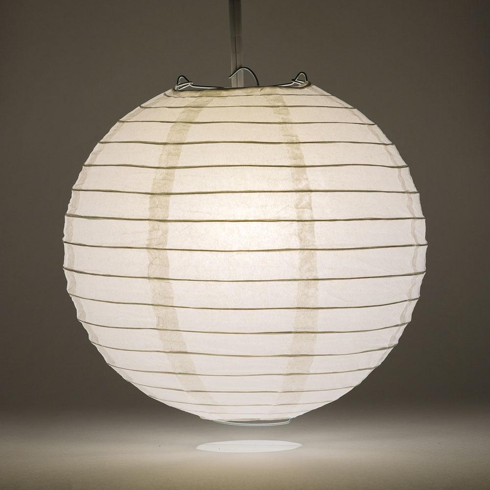 A 20-inch white round paper lantern with even ribbing, ideal for weddings and celebrations, hanging elegantly in a festive setting.