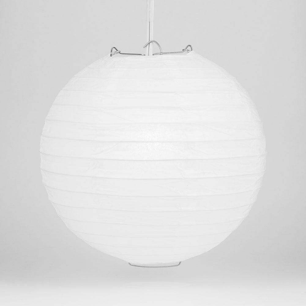 A 20-inch white round paper lantern with even ribbing, ideal for weddings and celebrations, hanging elegantly in a festive setting.