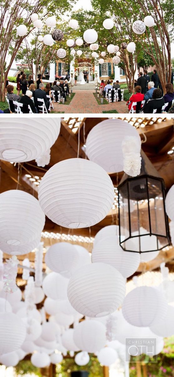 A 20-inch white round paper lantern with even ribbing, ideal for weddings and celebrations, hanging elegantly in a festive setting.