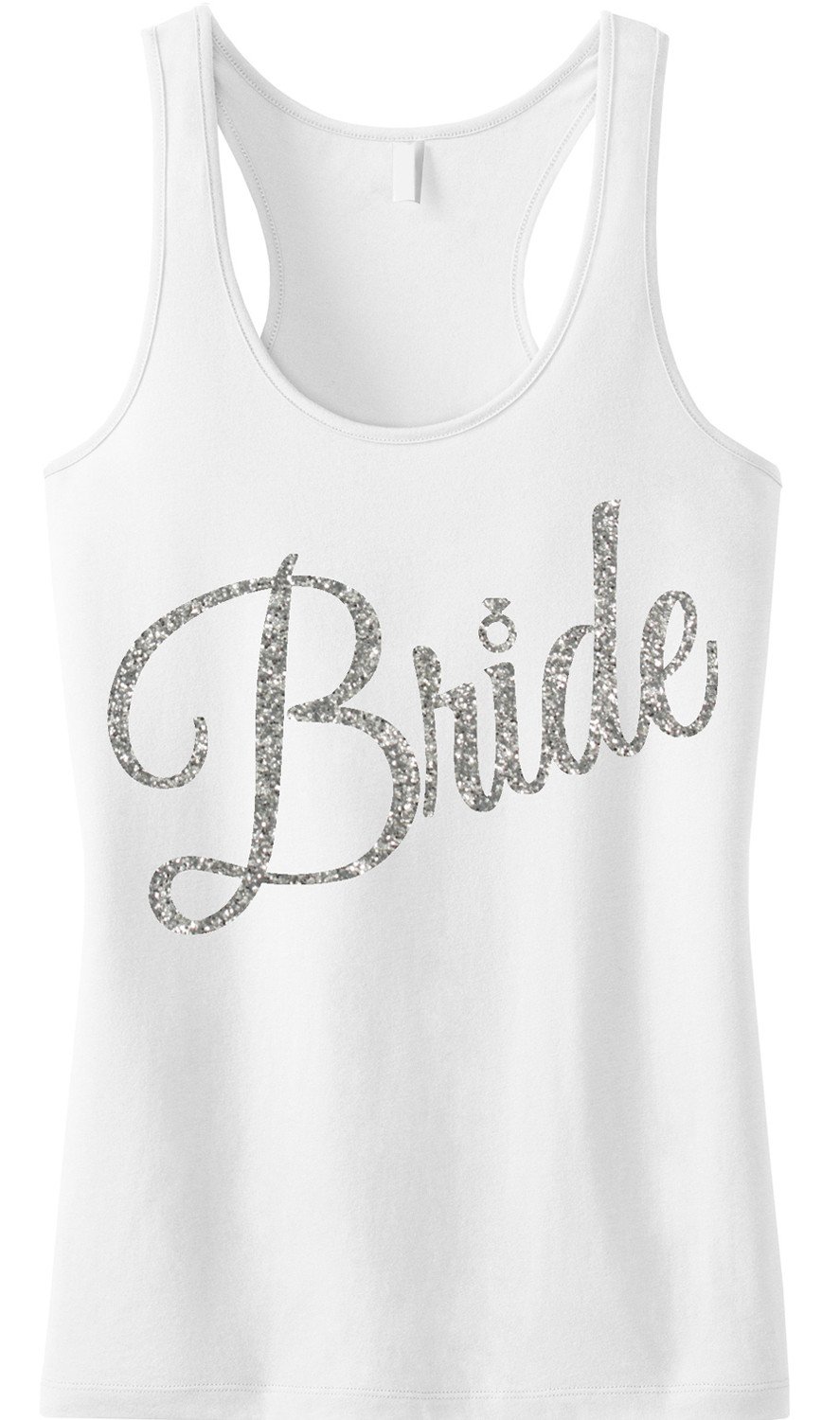 BRIDE Silver Glitter Cursive Tank Top featuring a stylish cursive print on a white background, perfect for brides-to-be.