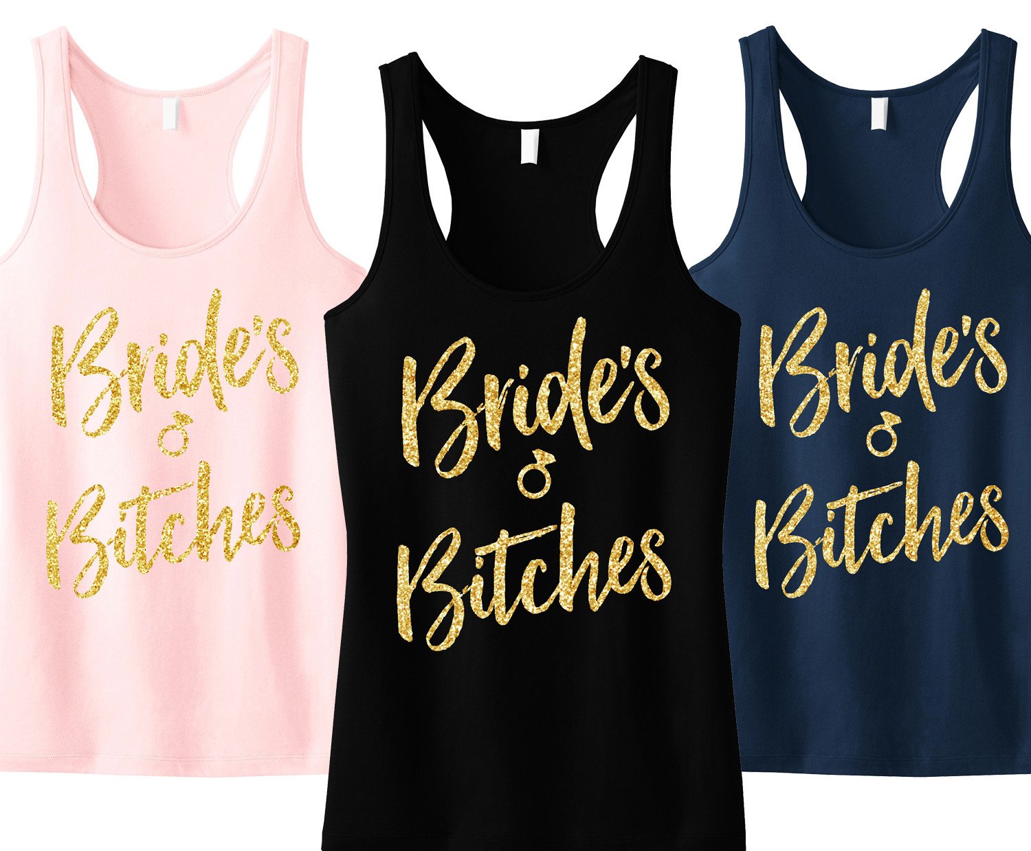 Brides Bitches Script Tank Top in black with gold glitter print, showcasing a stylish and fun design perfect for bridal parties.