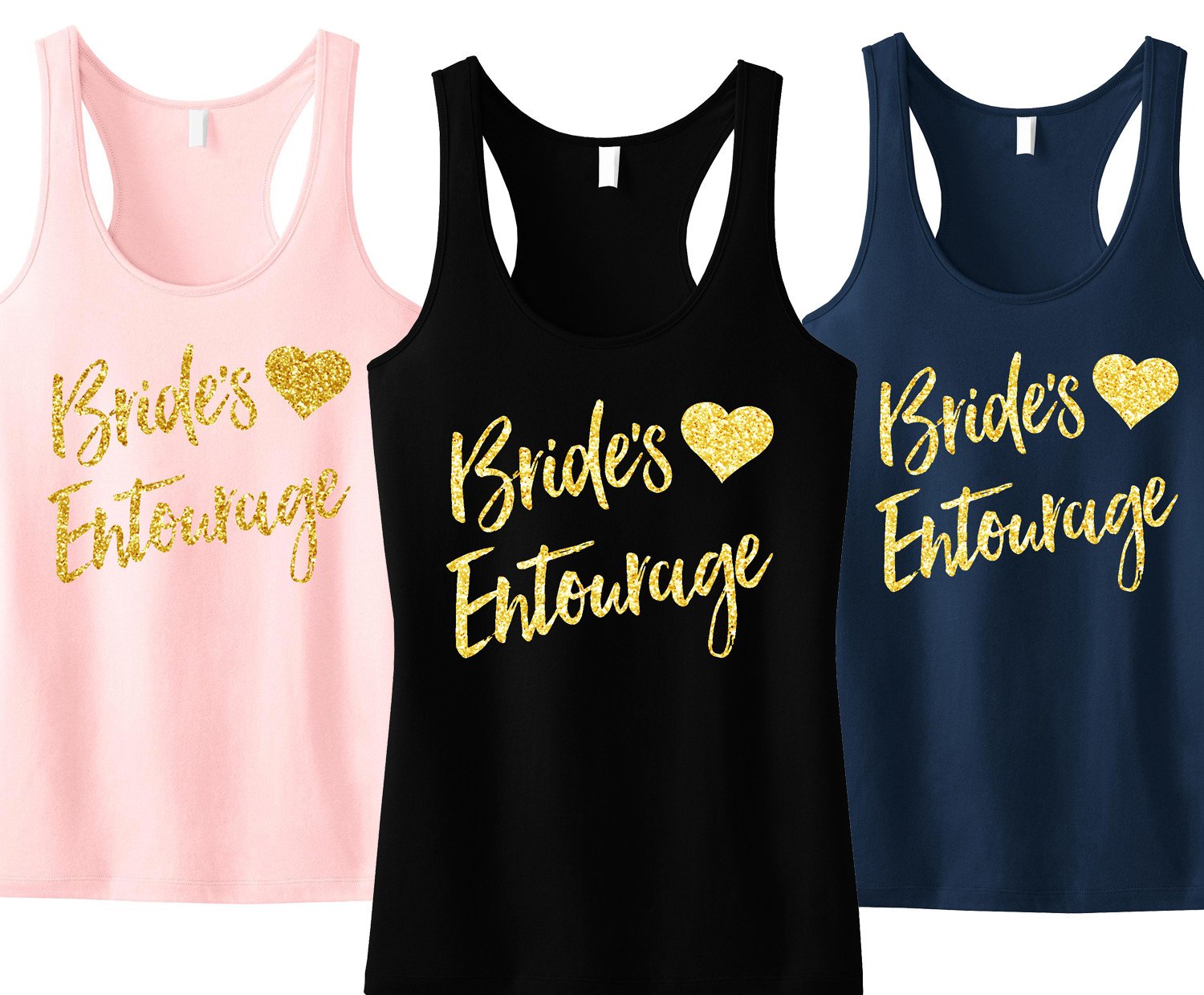 Brides Entourage Script Tank Top featuring gold glitter text on a black background, showcasing its stylish design and relaxed fit.