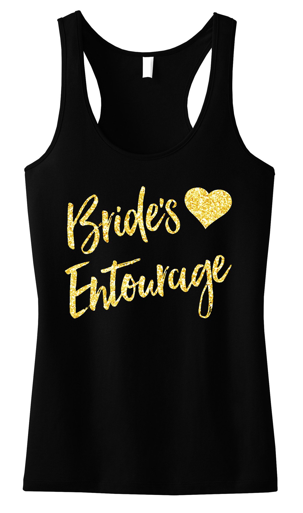 Brides Entourage Script Tank Top featuring gold glitter text on a black background, showcasing its stylish design and relaxed fit.
