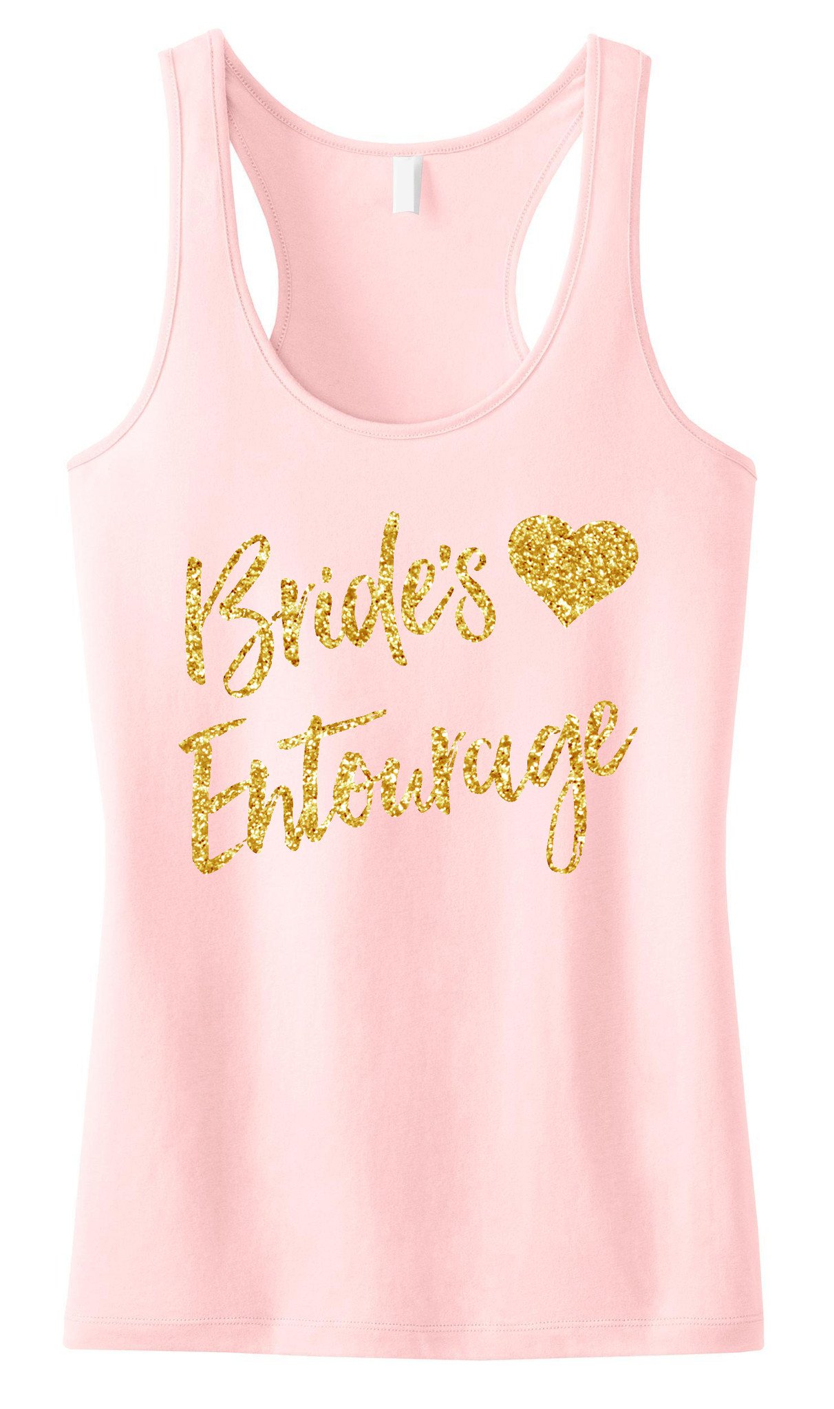 Brides Entourage Script Tank Top featuring gold glitter text on a black background, showcasing its stylish design and relaxed fit.