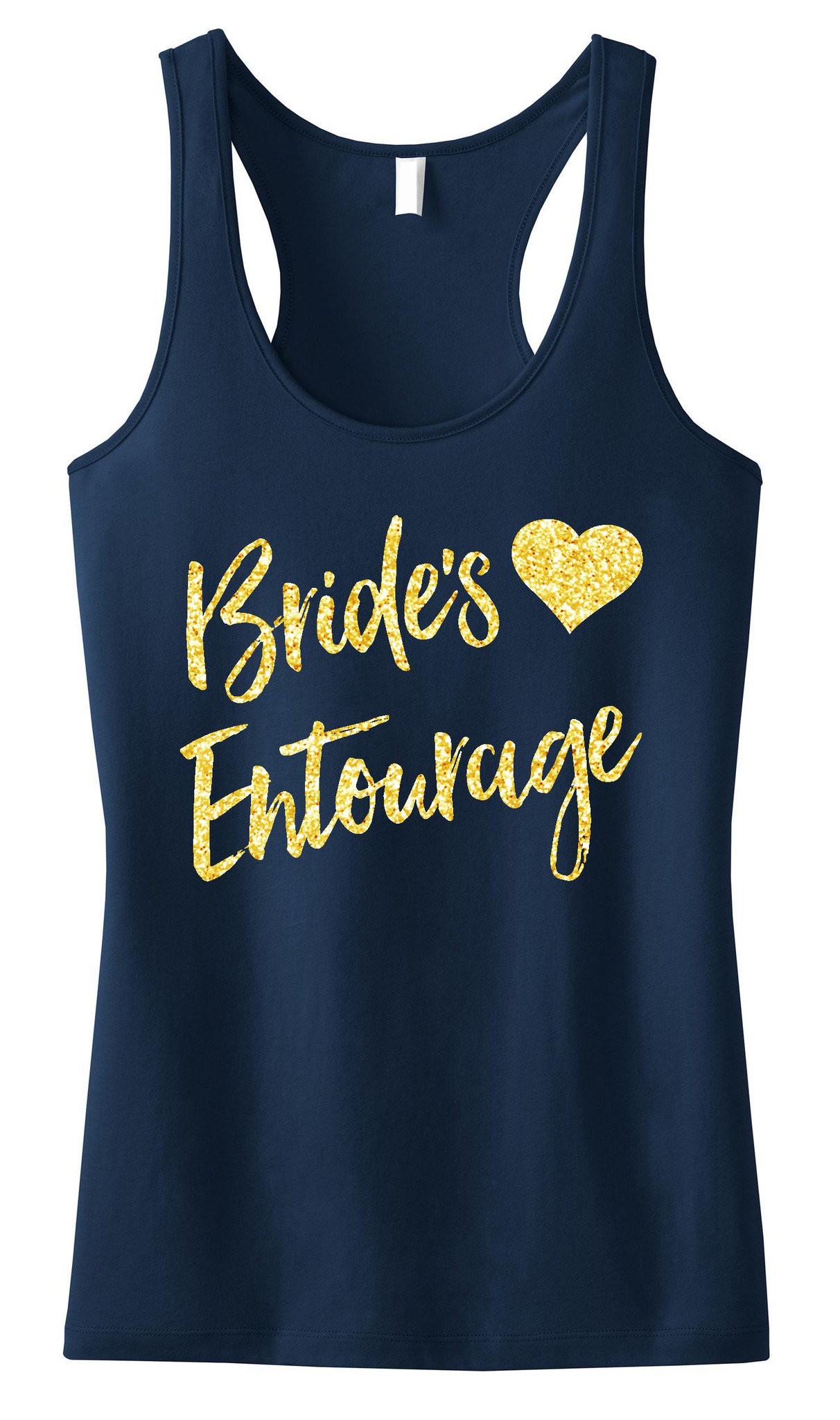 Brides Entourage Script Tank Top featuring gold glitter text on a black background, showcasing its stylish design and relaxed fit.