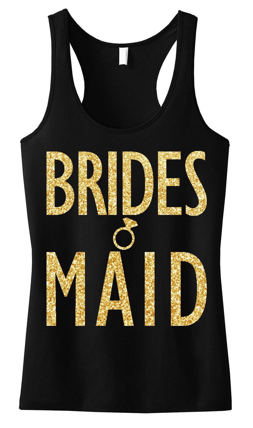Black tank top with gold glitter 'BRIDESMAID' text, showcasing a stylish design perfect for bridal parties.