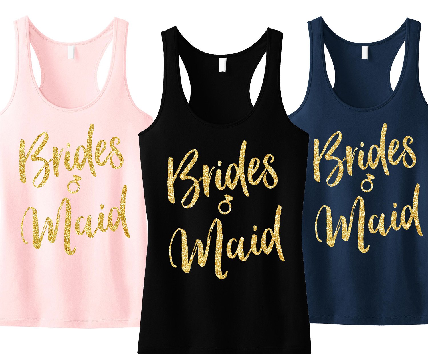 Bridesmaid Script Tank Top featuring gold glitter text on a black, blush, or navy blue background, showcasing its stylish design and comfortable fit.