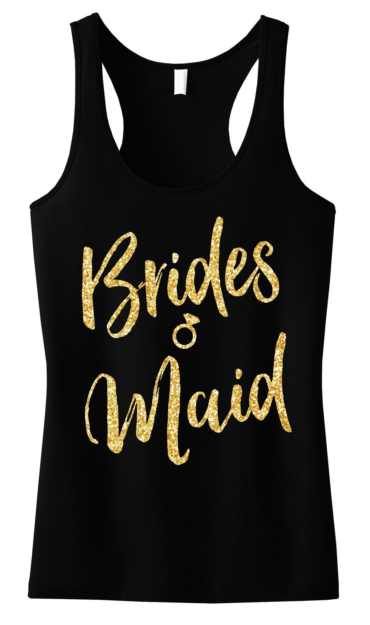 Bridesmaid Script Tank Top featuring gold glitter text on a black, blush, or navy blue background, showcasing its stylish design and comfortable fit.