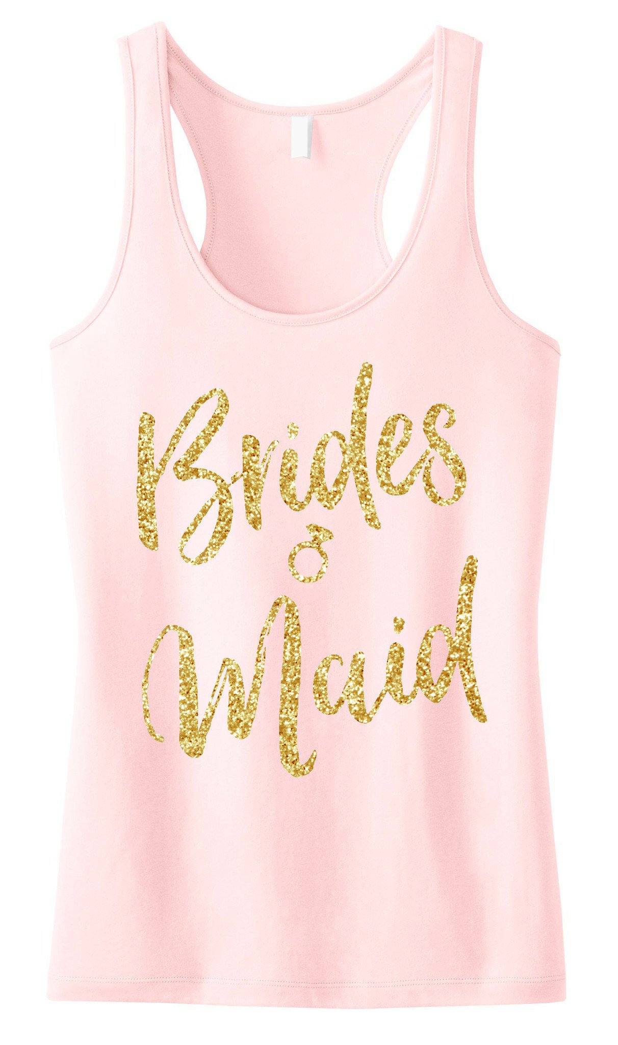 Bridesmaid Script Tank Top featuring gold glitter text on a black, blush, or navy blue background, showcasing its stylish design and comfortable fit.