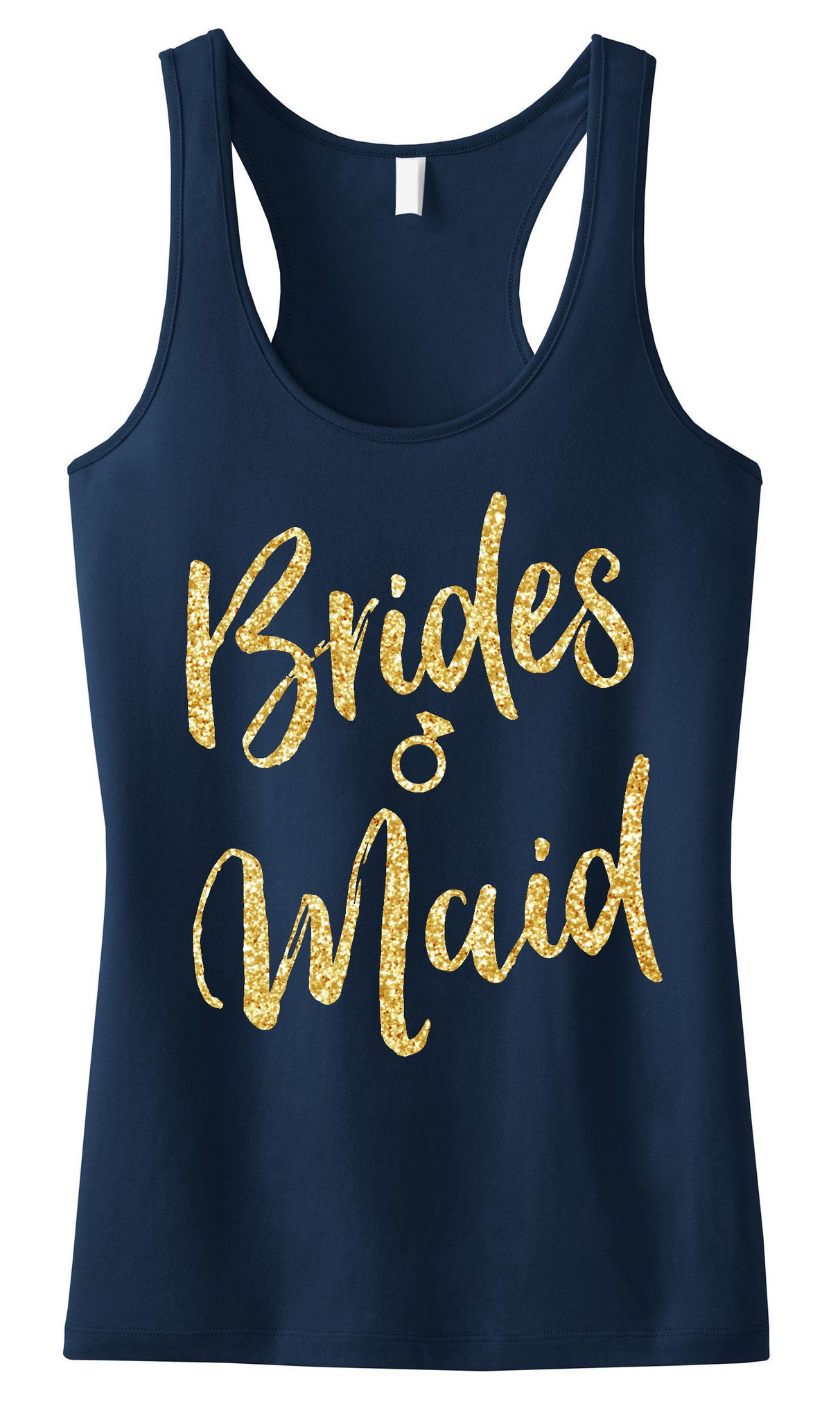 Bridesmaid Script Tank Top featuring gold glitter text on a black, blush, or navy blue background, showcasing its stylish design and comfortable fit.