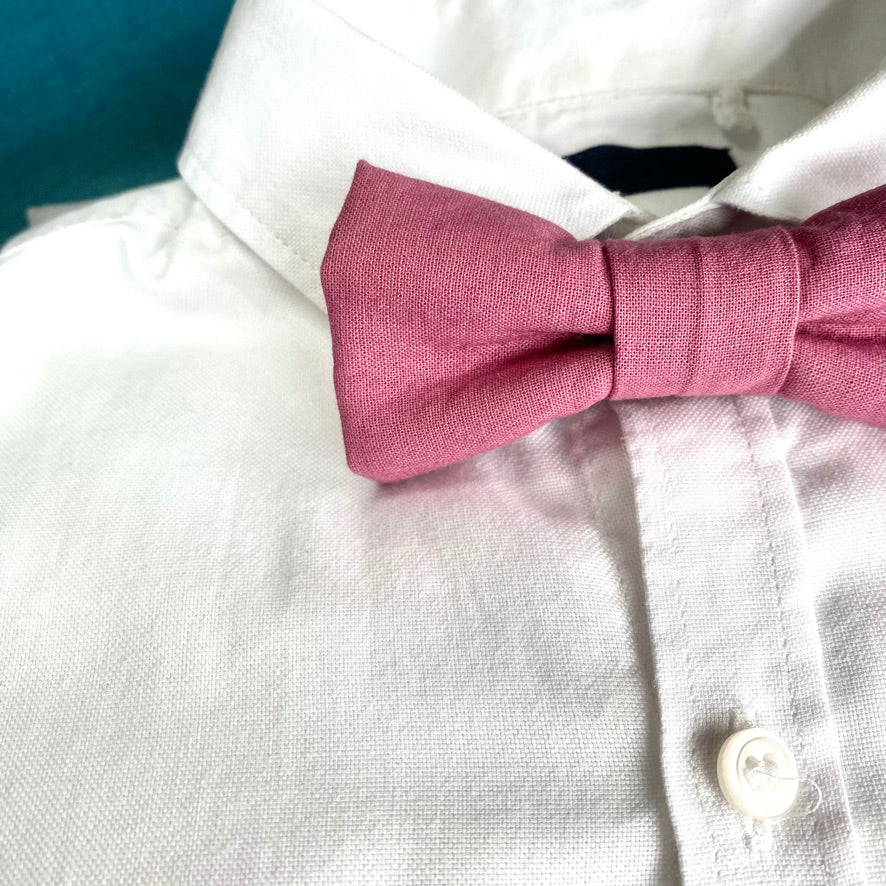 Dusty Rose Boys Bow Tie, handmade in England, featuring a pre-tied design with velcro fastening, perfect for special occasions.