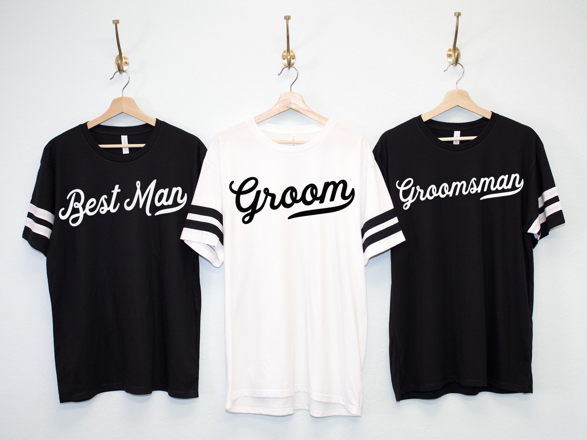 GROOM & GROOMSMEN jersey style shirts in white and black, showcasing soft cotton blend fabric, available in various sizes for bachelor parties and weddings.