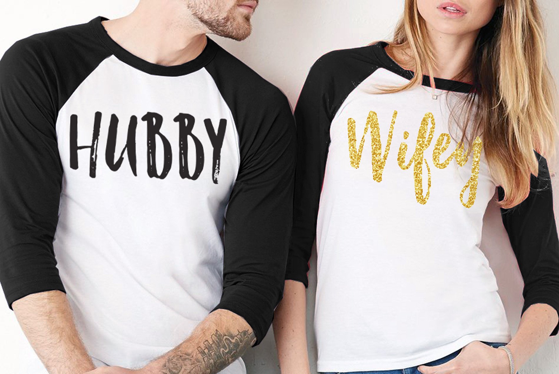 HUBBY & WIFEY Gold Shirt Baseball Tees Set featuring gold glitter and black print, displayed on a neutral background.