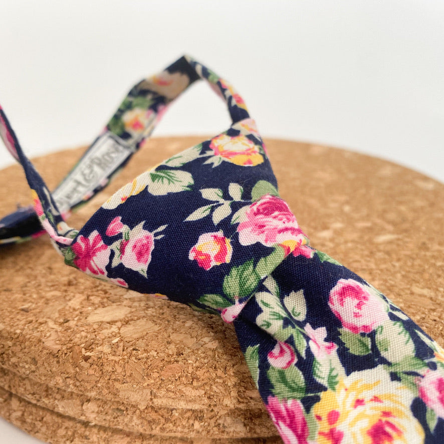 JAMESON Floral Boys Velcro Tie featuring pink and yellow roses on a navy background, perfect for young boys.