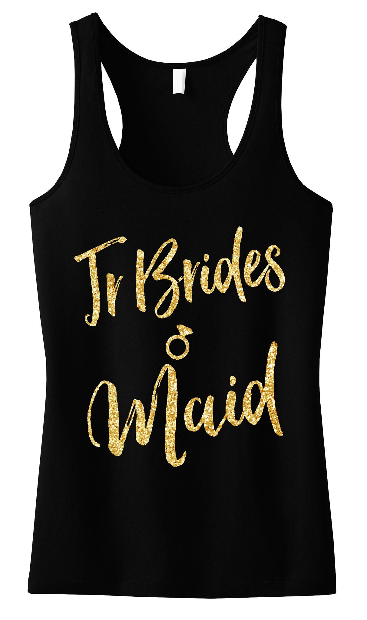 Jr Bridesmaid Script Tank Top featuring gold glitter text on black, blush, and navy blue backgrounds, showcasing its stylish design.