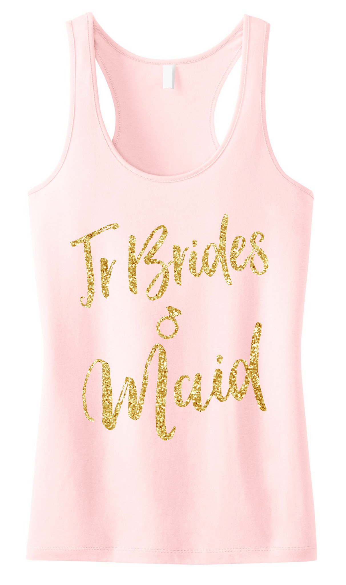 Jr Bridesmaid Script Tank Top featuring gold glitter text on black, blush, and navy blue backgrounds, showcasing its stylish design.