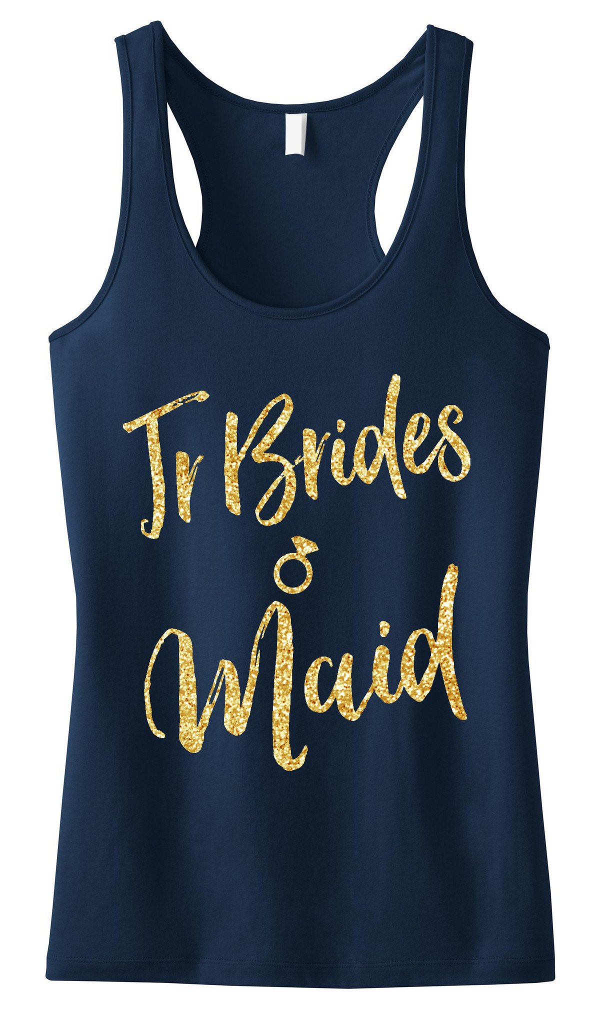 Jr Bridesmaid Script Tank Top featuring gold glitter text on black, blush, and navy blue backgrounds, showcasing its stylish design.