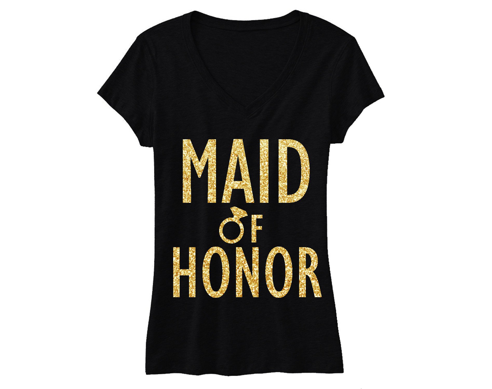 MAID of HONOR Gold Glitter Bridal Shirt in black with a stylish V-neck design, showcasing shimmering gold glitter text.